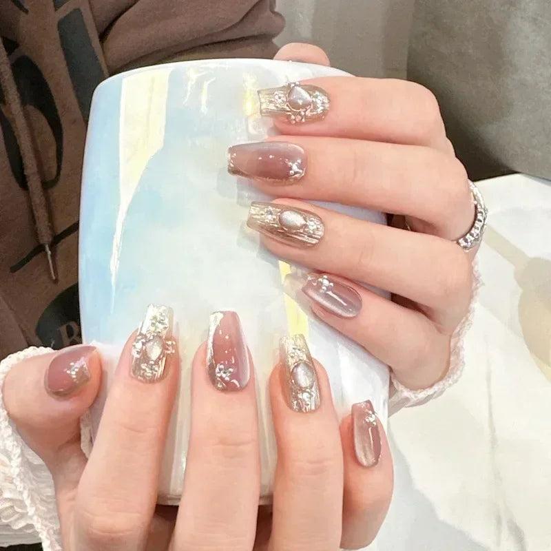 10PCS Pink Cat Eye Handmade Press On Nails Square Head Fake Nails Diamond Designs Full Cover Nail Art Tips Wearable False Nails