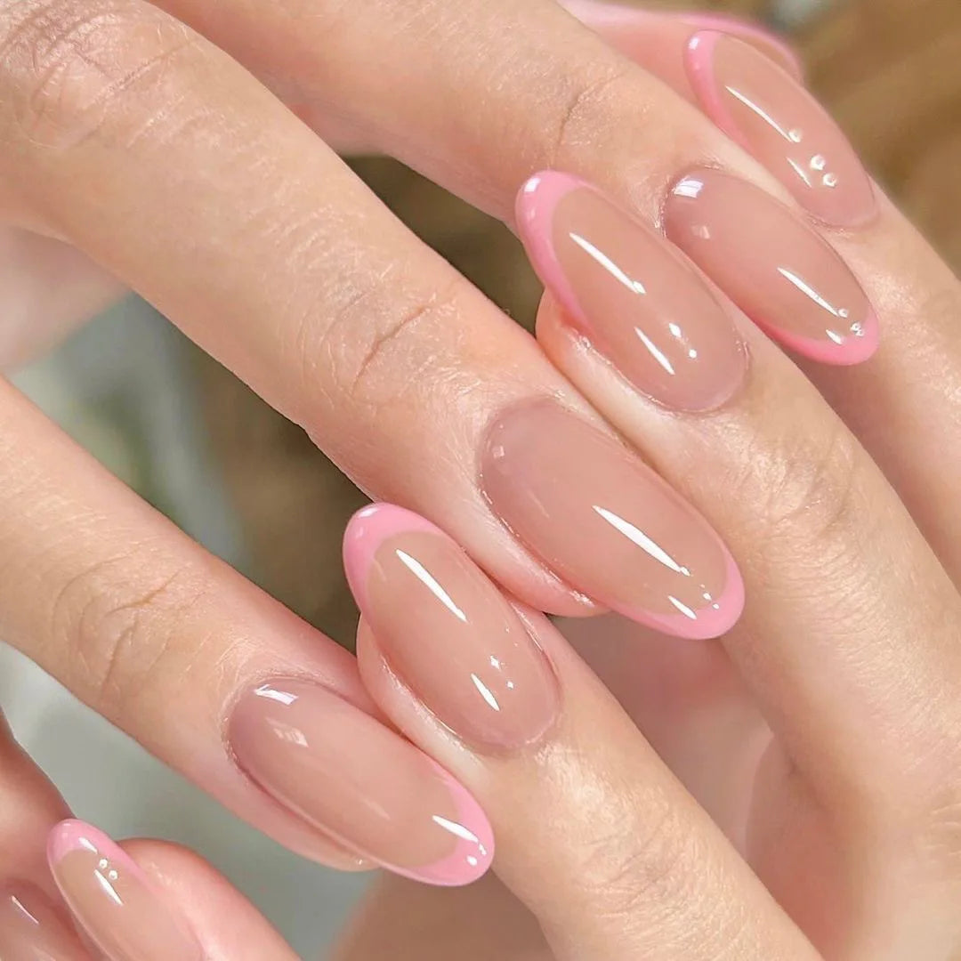 24pcs French Simple Fake Nails Ins White Edge Nude Color False Nail Tips Almond Stick on Nail Patch for Girl Lady Manicure Tools