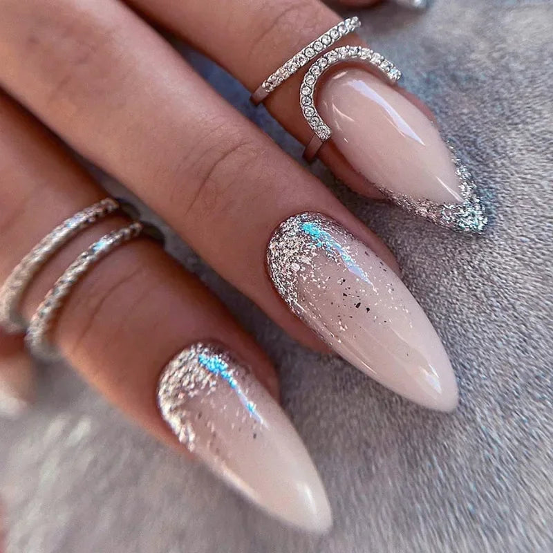 24Pcs French Gold Edge Wearable Almond Press on Fake Nails Simple Pearl Decoration False Nails with Glue Full Over Manicure Tips