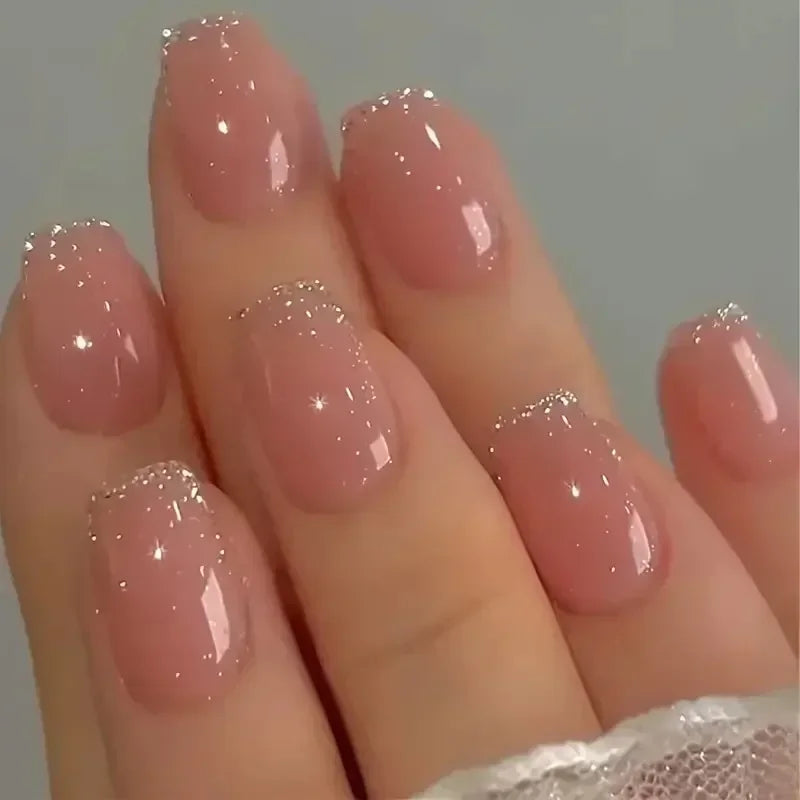 24Pcs Short Square Press on Nails Gradient Glitter False Nails French Tip Lines Acrylic Nails Full Cover Wearable Fake Nail Tips