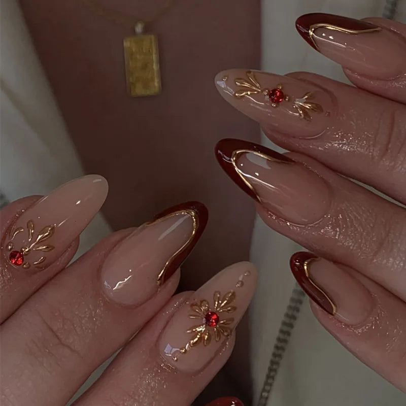 24Pcs Simple French Fake Nails with Almond Head Design Detachable 3D Irregular Star Pattern Press on False Nails Manicure Tools