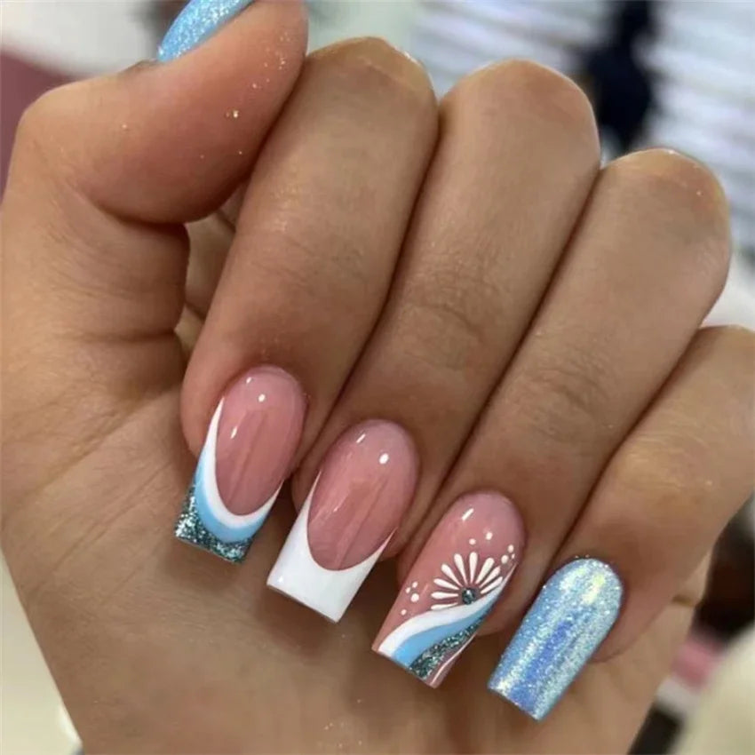 24Pcs Medium Long Acrylic Fake Nails Art Cool Spice Girls Wearing False Nails Set Press on Nail Tips Removable French Nails Fake