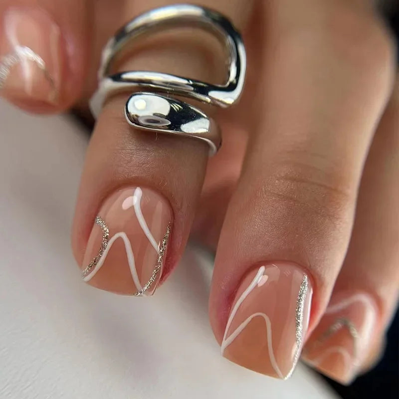 24Pcs Short Square Press on Nails Gradient Glitter False Nails French Tip Lines Acrylic Nails Full Cover Wearable Fake Nail Tips