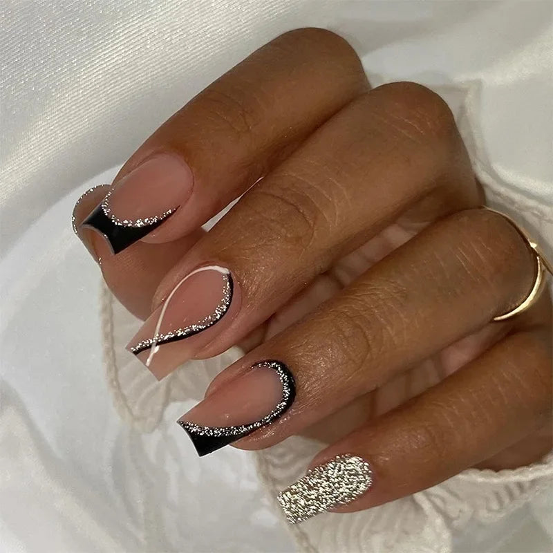 24Pcs Short Square Press on Nails Gradient Glitter False Nails French Tip Lines Acrylic Nails Full Cover Wearable Fake Nail Tips