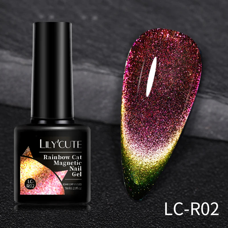 LILYCUTE 9D Rainbow Glitter Cat Magnetic Nail Gel Polish Snowlight Semi Permanent Soak Off Sparkling Nail Varnish