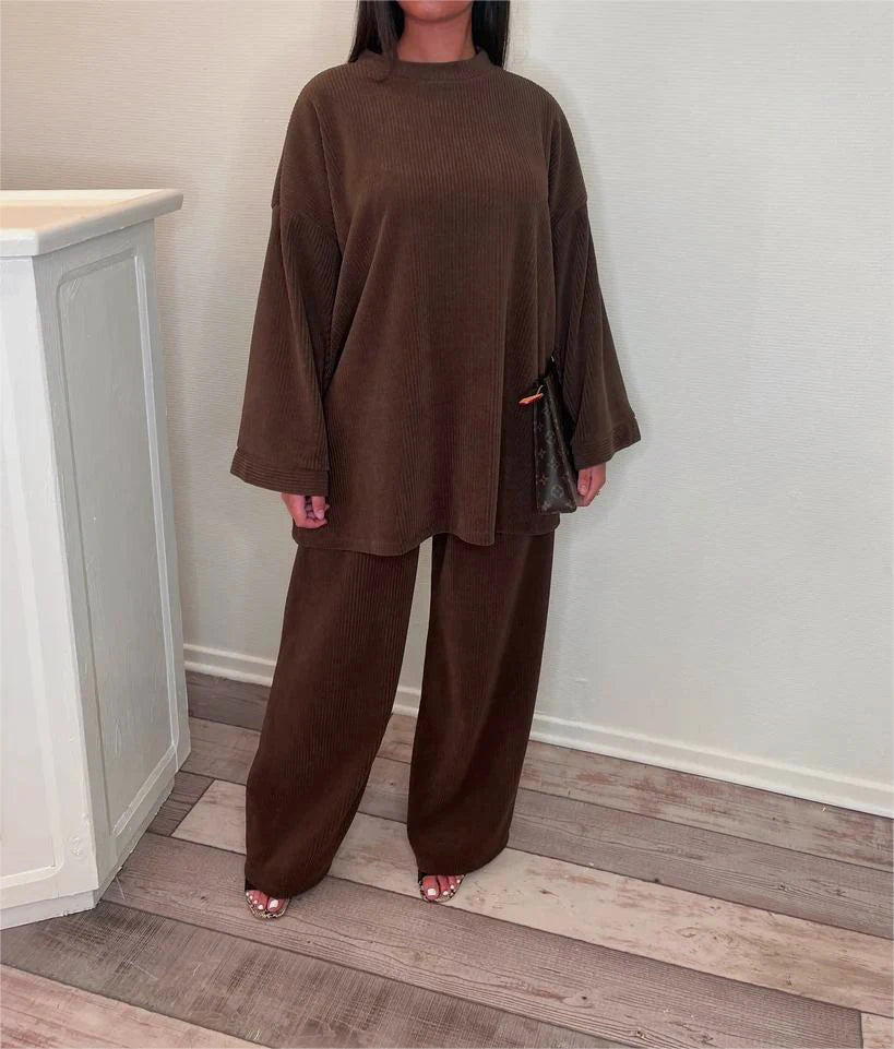 Autumn Winter Solid Color Corduroy Pants Sets Women Loose Long Sleeve Wide Legs Trousers Two Piece Set Female Commuting Clothing