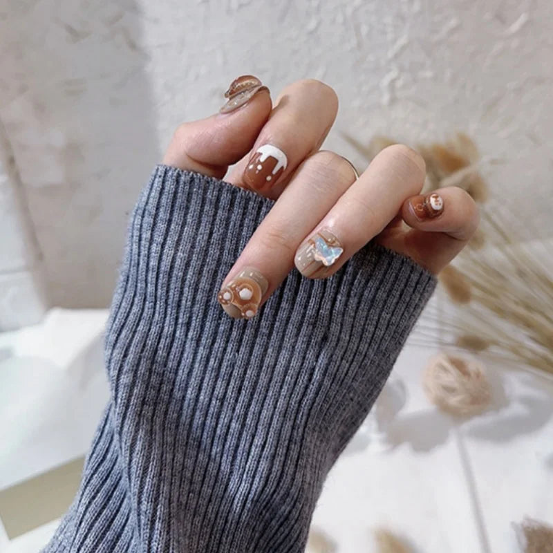 10Pcs Brown Handmade Press on Nails Short Square Chocolate Bear Design Nail Tips Cute Acrylic False Nail for Women/Girls Autumn