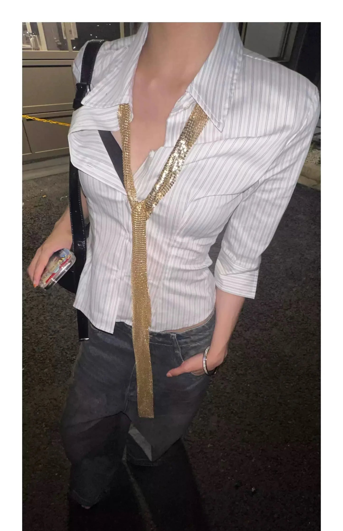 Genayooa Korean Fashion Shirt Women Striped Three Quarter Slim Shirt Y2k Vintage Tops Streetwear Japanese 2000s Retro Shirts