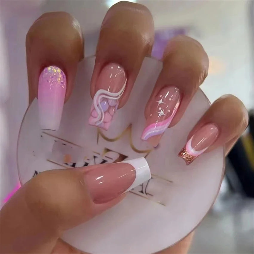 24Pcs Medium Long Acrylic Fake Nails Art Cool Spice Girls Wearing False Nails Set Press on Nail Tips Removable French Nails Fake