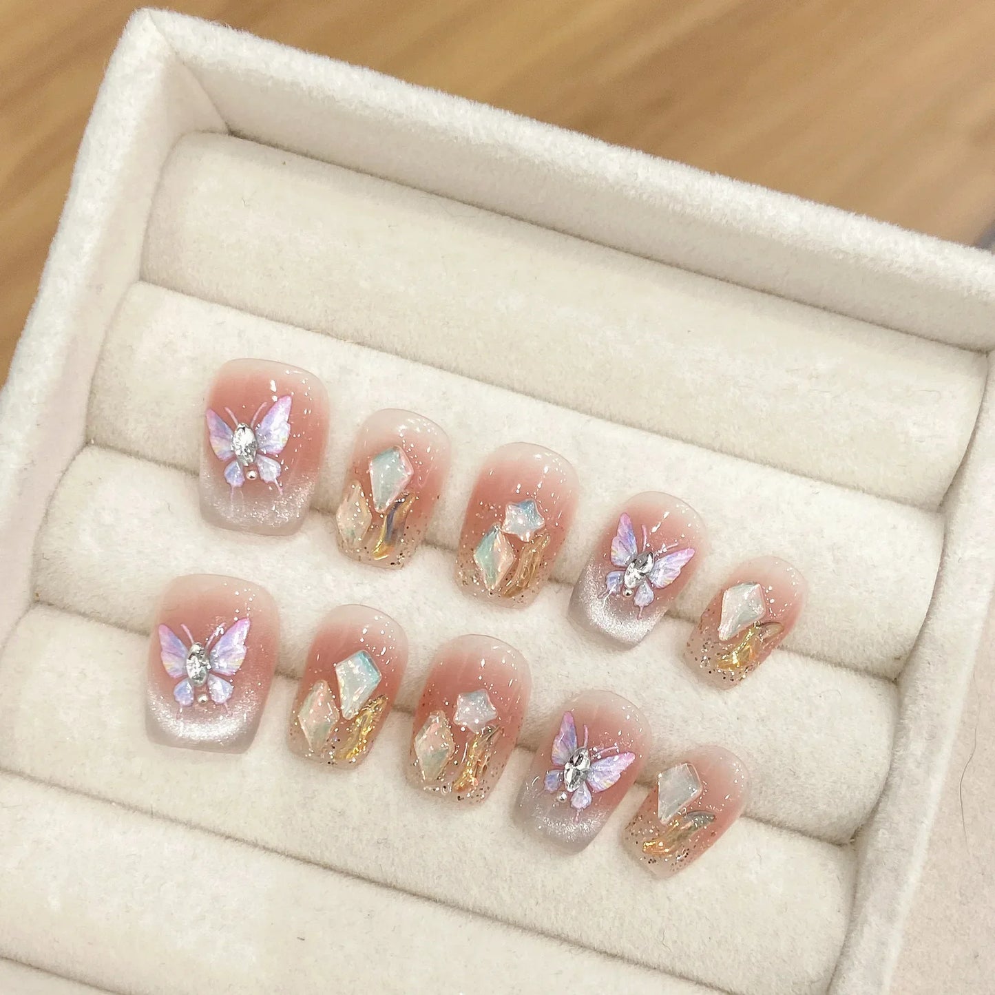 10PCS Pink Cat Eye Handmade Press On Nails Square Head Fake Nails Diamond Designs Full Cover Nail Art Tips Wearable False Nails