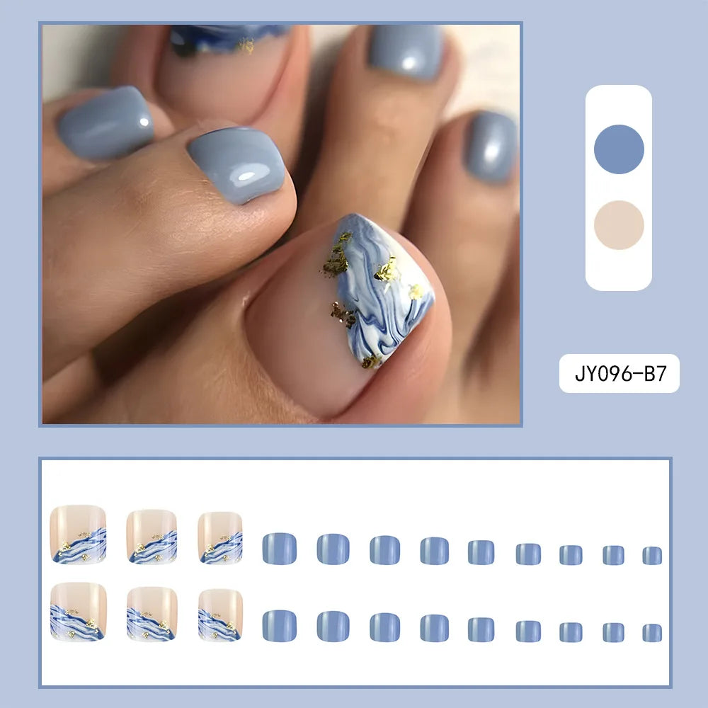 24 Pcs French Design Fake Toe Nail Press on Toe Nail Summer False Nails Acrylic Reusable Toe Nail Decorated Nails With Tool Kit
