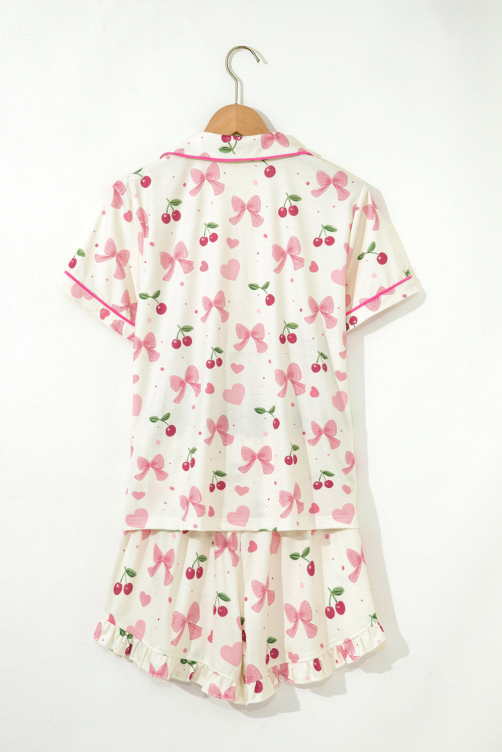 White Floral Print Contrast Pipping Short Pajamas Set