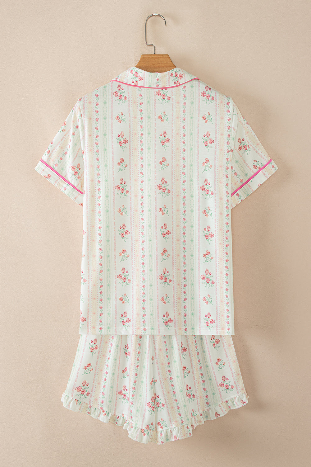 White Floral Print Contrast Pipping Short Pajamas Set