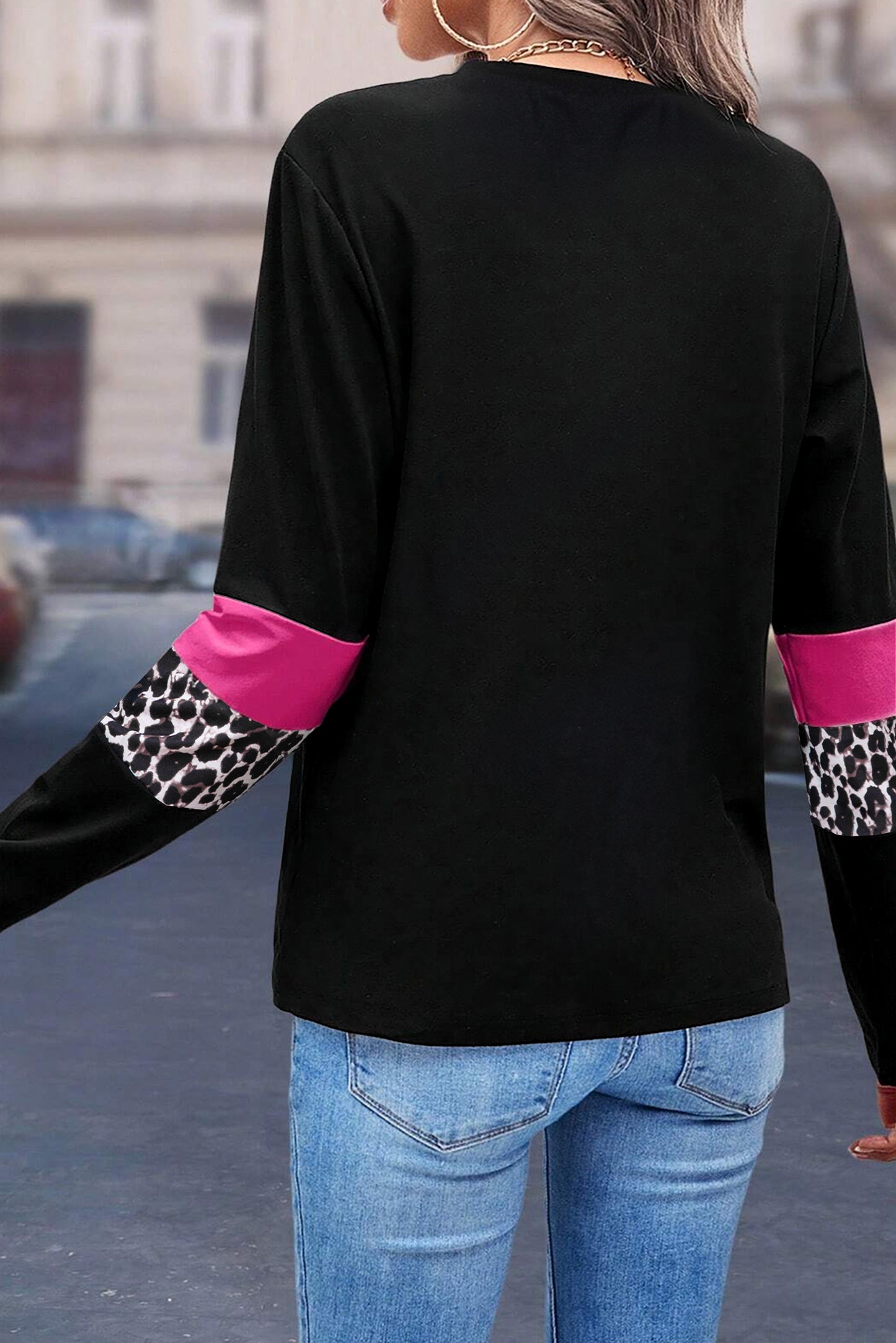 White Leopard Colorblock Patchwork Crew Neck Long Sleeve Tee