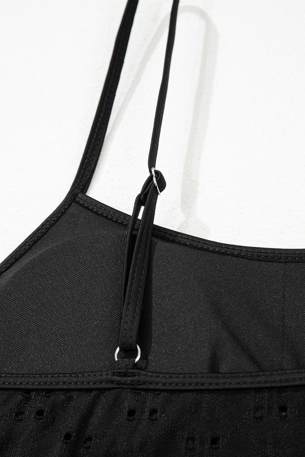 Black Eyelet Pattern Knotted Ruffle Trim 3pcs Bikini Set