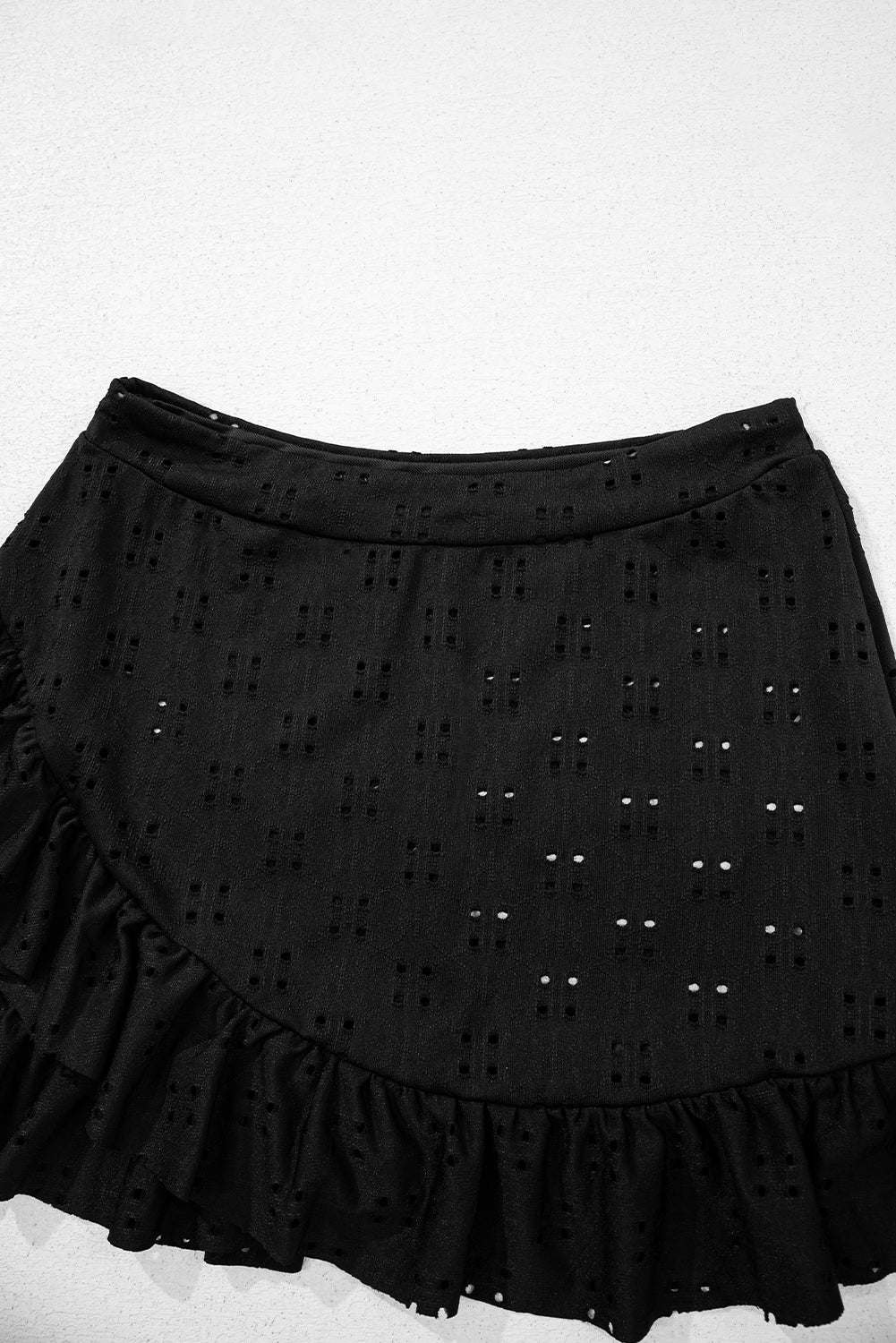 Black Eyelet Pattern Knotted Ruffle Trim 3pcs Bikini Set
