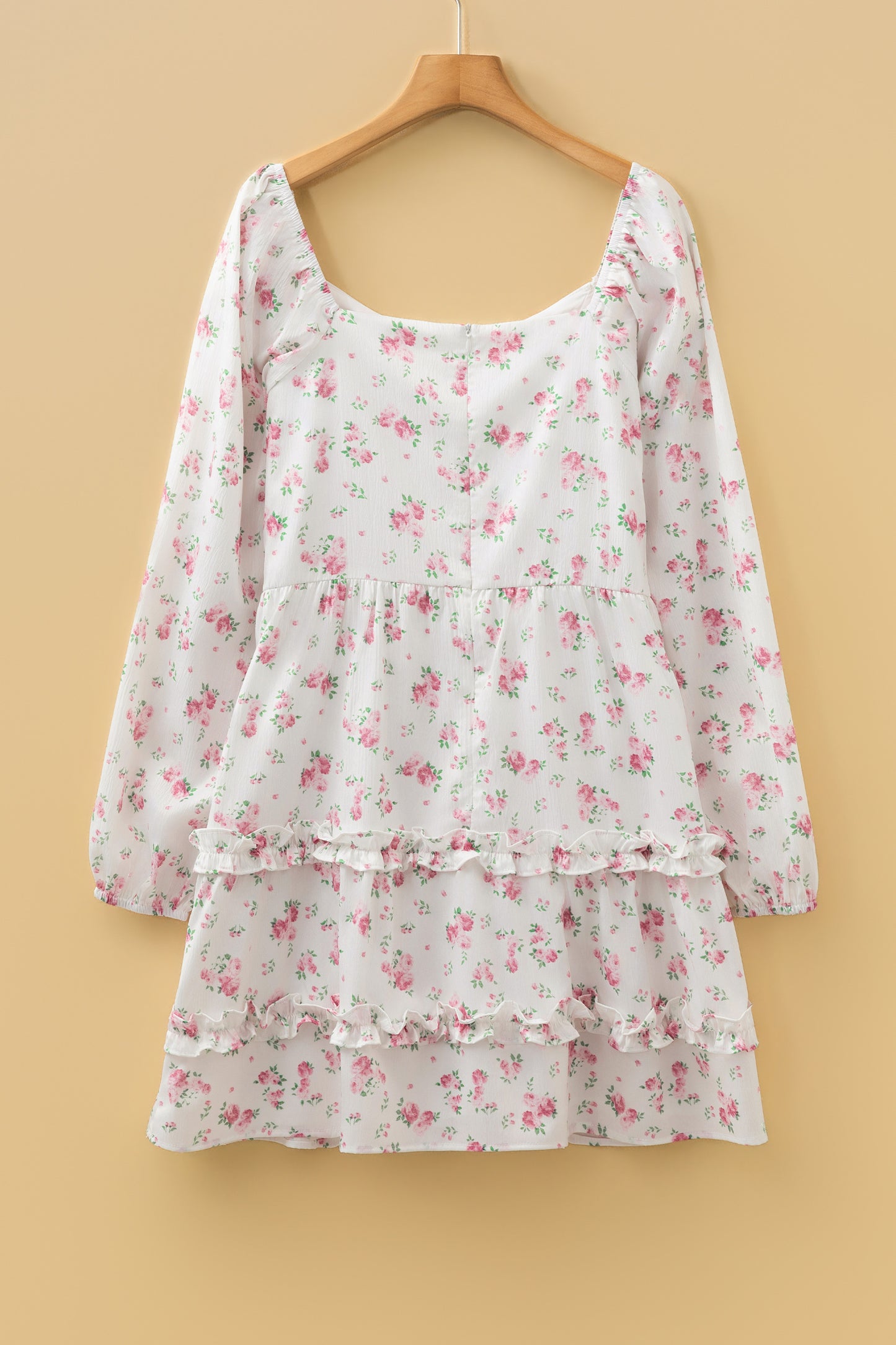 Pink Floral Print Long Sleeve Ruffle Detail Flared Mini Dress
