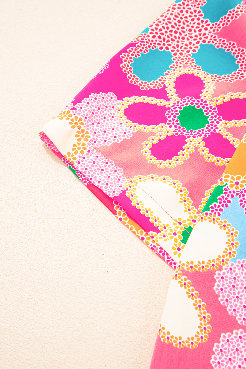 Purple Boho Flower Print Puff Short Sleeve Top