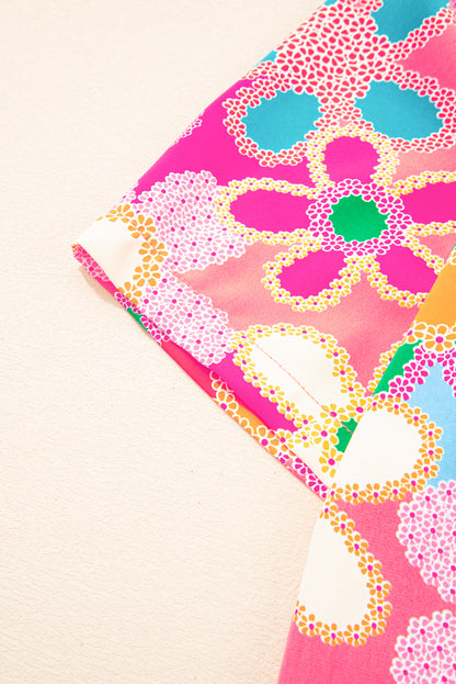 Purple Boho Flower Print Puff Short Sleeve Top