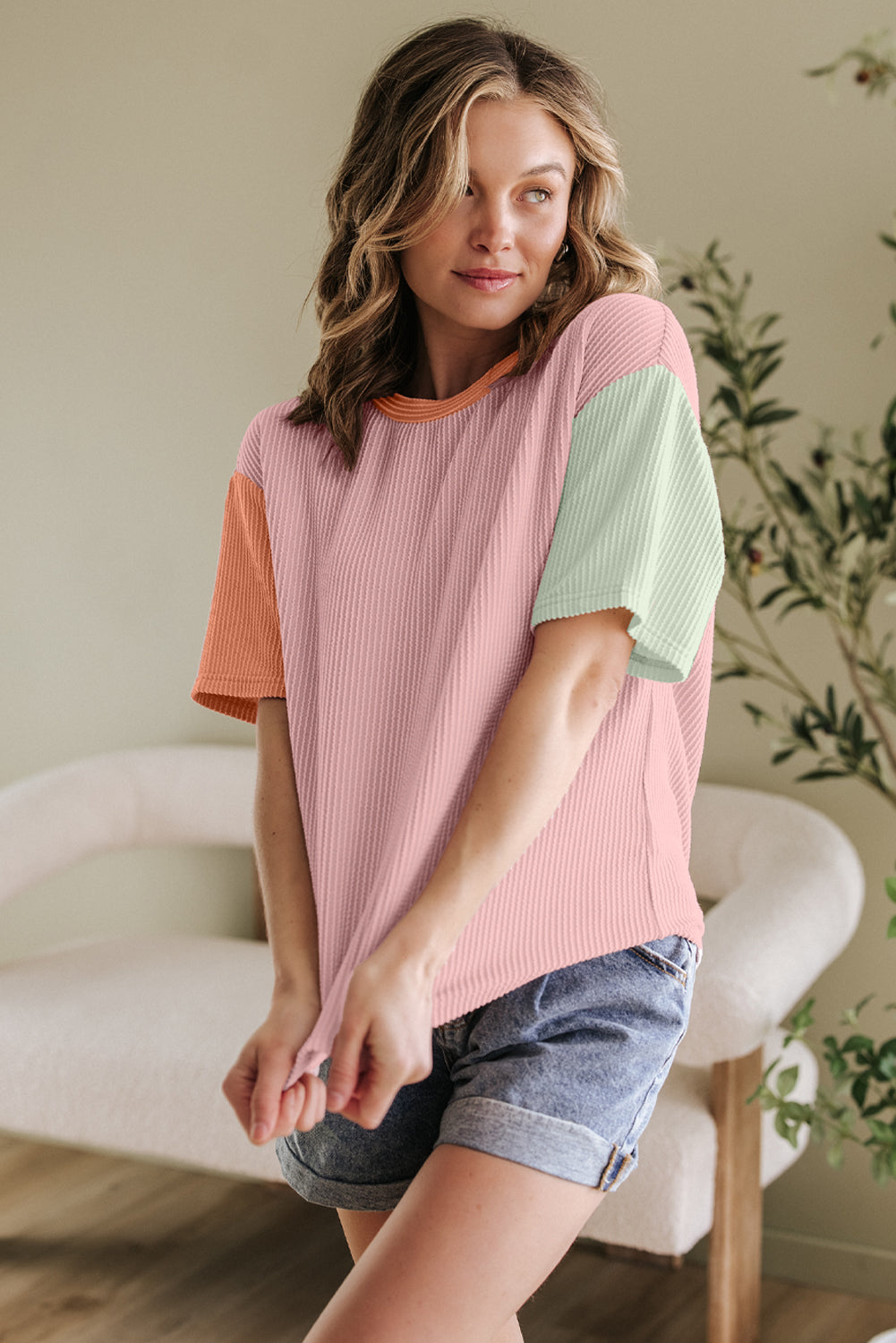 Multicolour Corded Colorblock Crewneck Tee