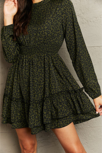 Leopard Smock Waist Long Sleeve Dress