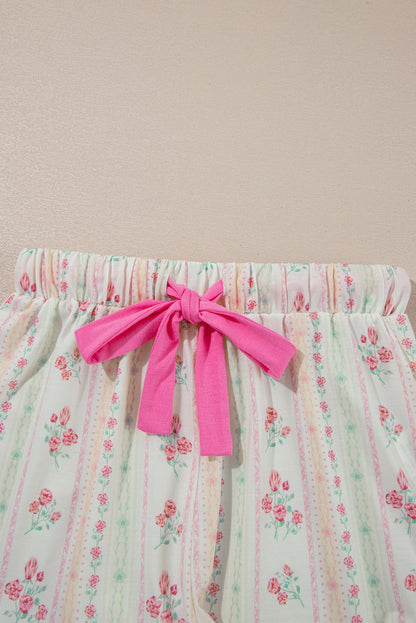 White Floral Print Contrast Pipping Short Pajamas Set