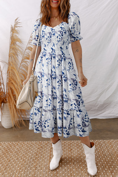 Sky Blue Smocked Bodice Short Puff Sleeve Tiered Floral Midi Dress