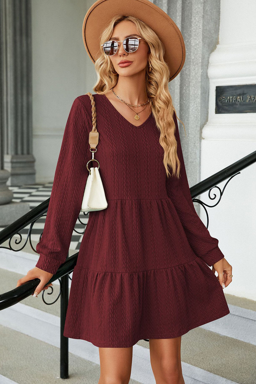 V-Neck Long Sleeve Mini Dress