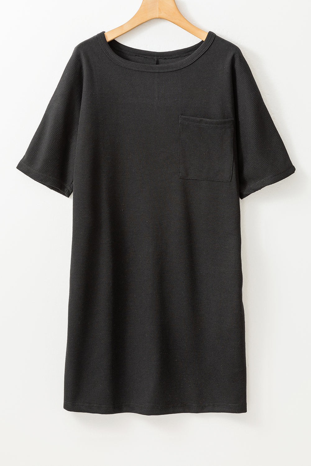 Black Waffle Knit T-shirt Dress with Pockets