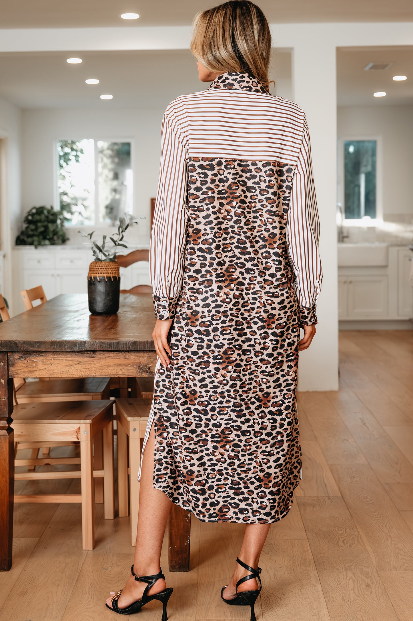 Sky Blue Stripe Contrast Leopard Patchwork Long Shirt Dress with Slits