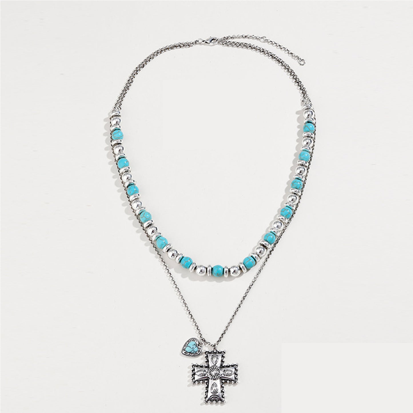 Artificial Turquoise Beaded Double-Layered Cross Necklace