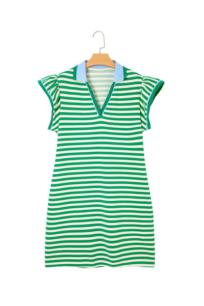 Sachet Pink Stripe Print Contrast Collar Split Neck Flutter Sleeve Short Dress