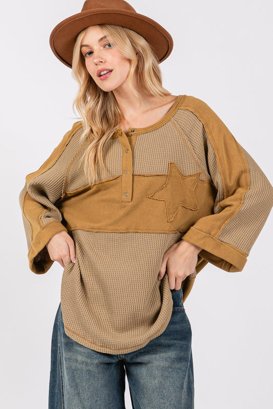 SAGE + FIG Star Applique Patch Exposed Seam Waffle Knit Top