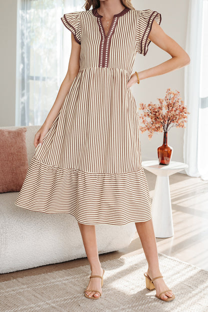 Black Stripe Double Ruffled Short Sleeve Contrast Trim V Neck Midi Dress