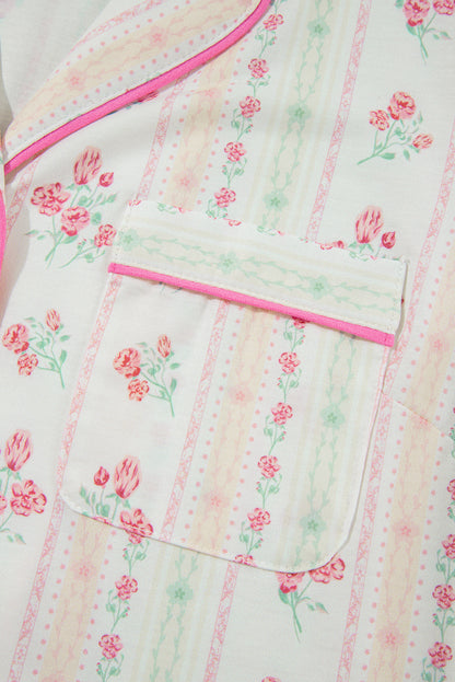 White Floral Print Contrast Pipping Short Pajamas Set