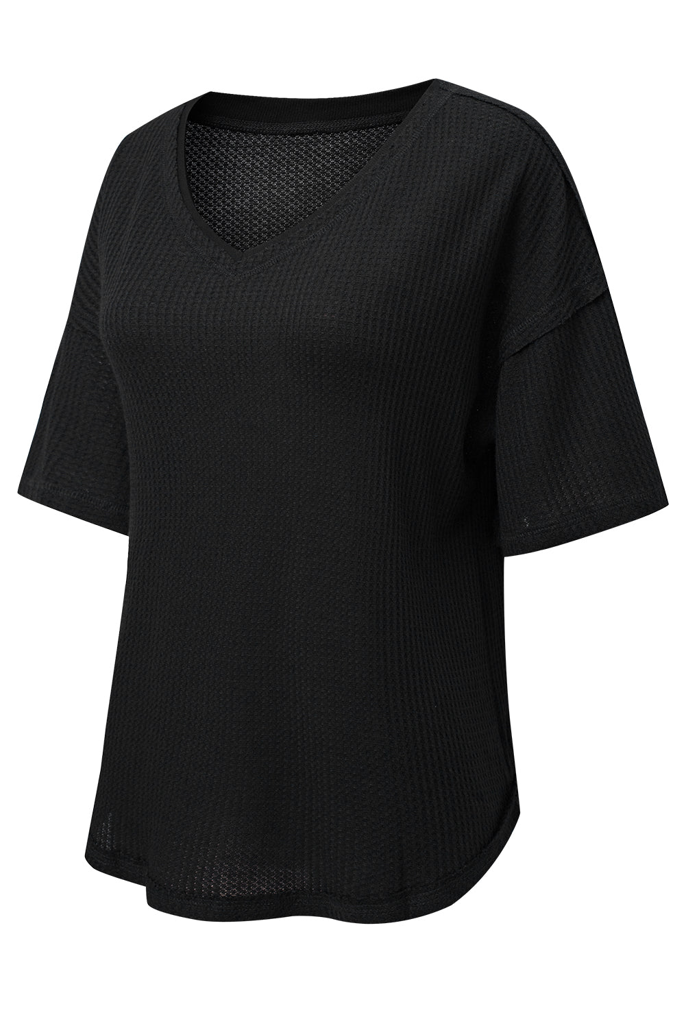 Black Waffle Knit Drop Shoulder Loose Top