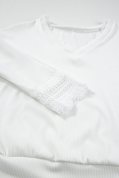 White Ribbed Texture Lace Trim V Neck Long Sleeve Top
