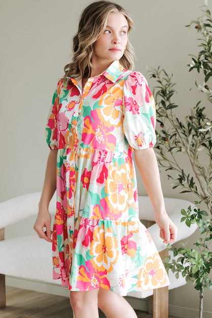 Green Floral Puff Sleeve Collar Buttoned Babydoll Dress