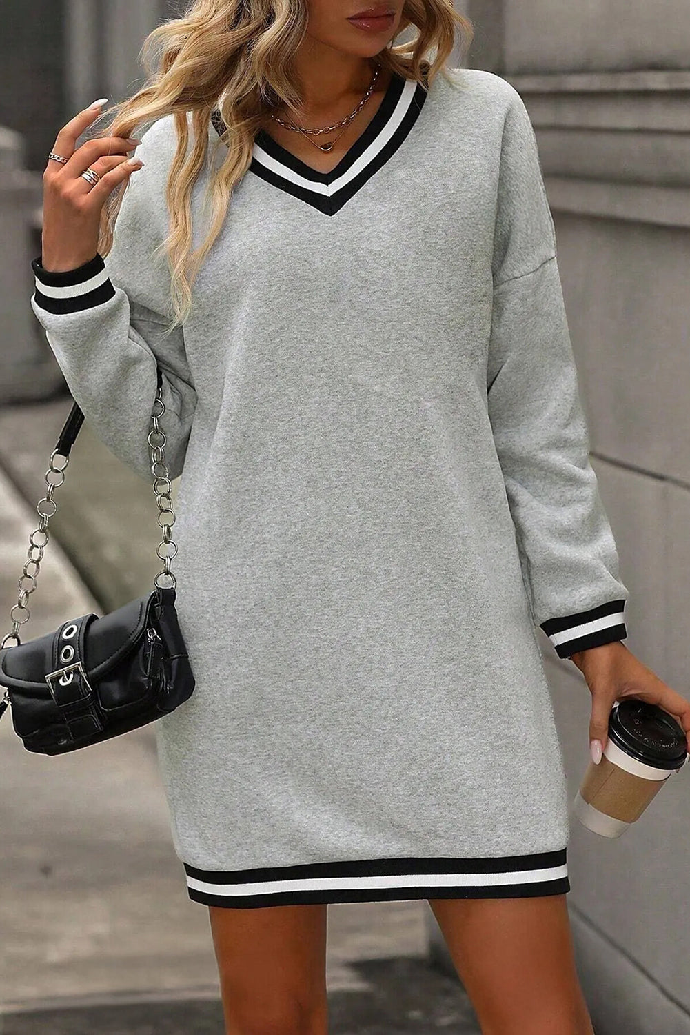 Light Grey Striped Trim V Neck Long Sleeve Preppy T Shirt Dress