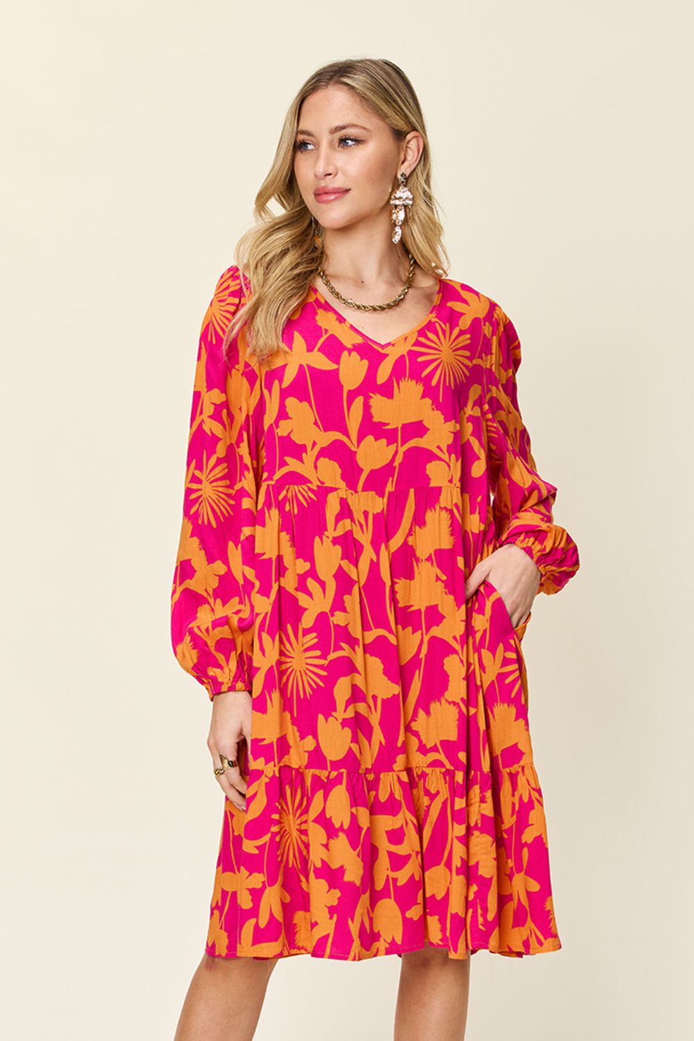 Double Take Full Size Printed Ruffle Hem Dress with Pocket