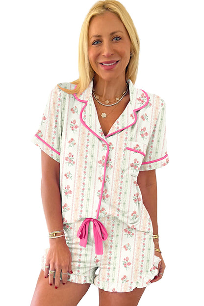 White Floral Print Contrast Pipping Short Pajamas Set