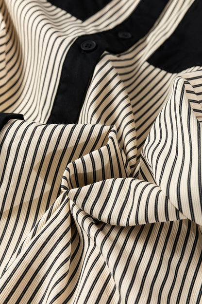 Black Stripe Color Block Patchwork Shirt Collar Button Down Puff Sleeve Mini Dress