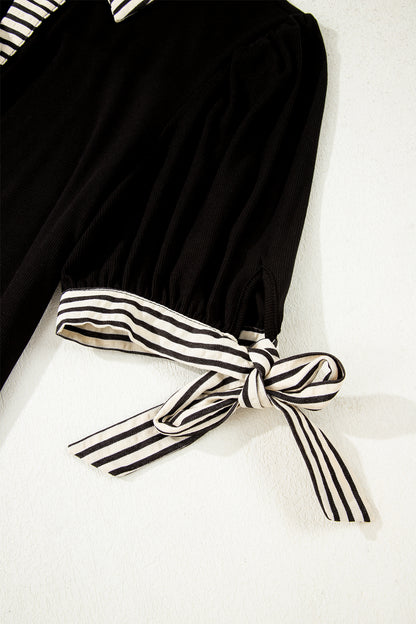 Black Stripe Detail Polo Collar Half Buttons Tied Short Sleeve Shift Mini Dress
