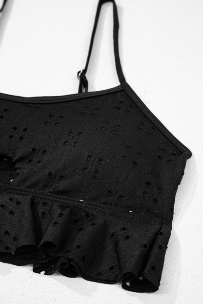 Black Eyelet Pattern Knotted Ruffle Trim 3pcs Bikini Set