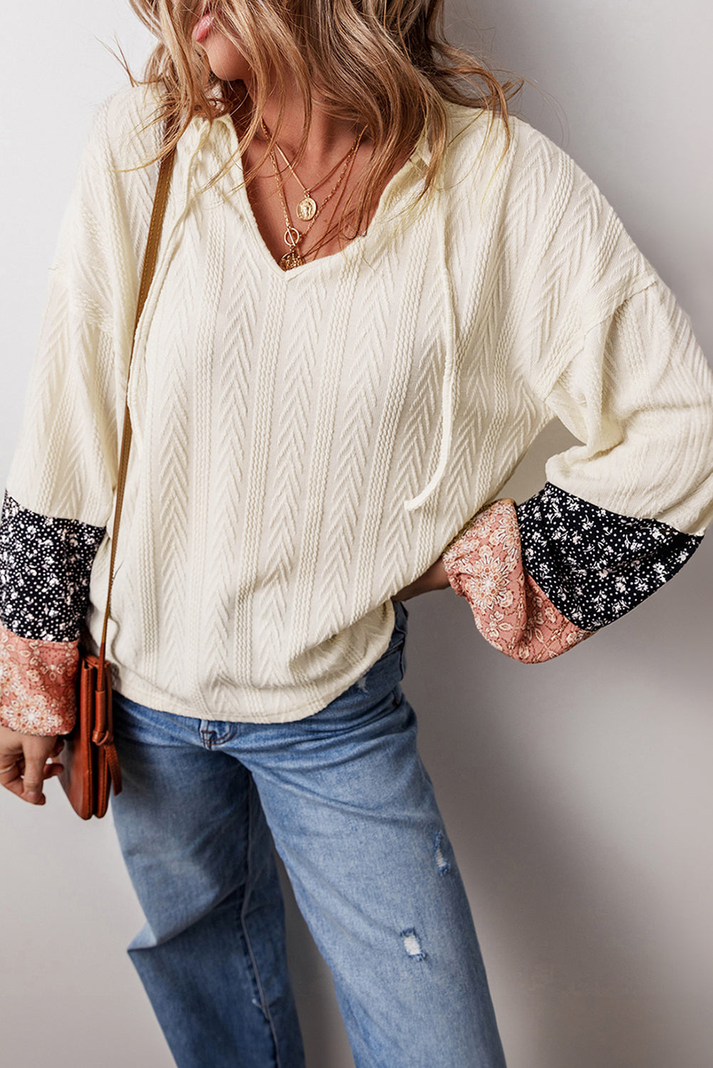 Black Floral Patchwork Textured Knit Drawstring V Neck Blouse