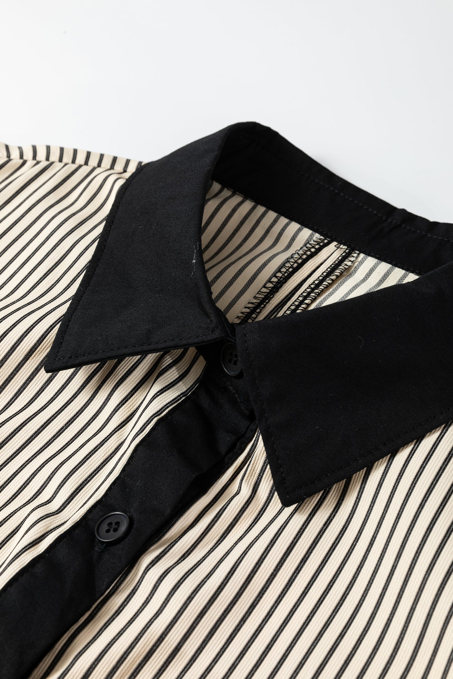 Black Stripe Color Block Patchwork Shirt Collar Button Down Puff Sleeve Mini Dress