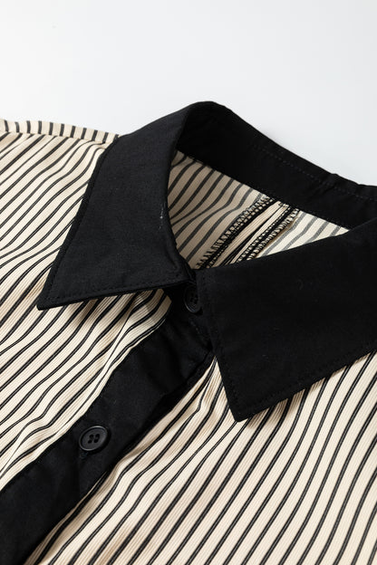 Black Stripe Color Block Patchwork Shirt Collar Button Down Puff Sleeve Mini Dress