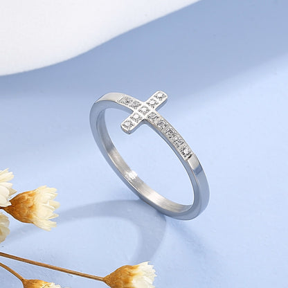 Inlaid Zircon Stainless Steel Cross Ring