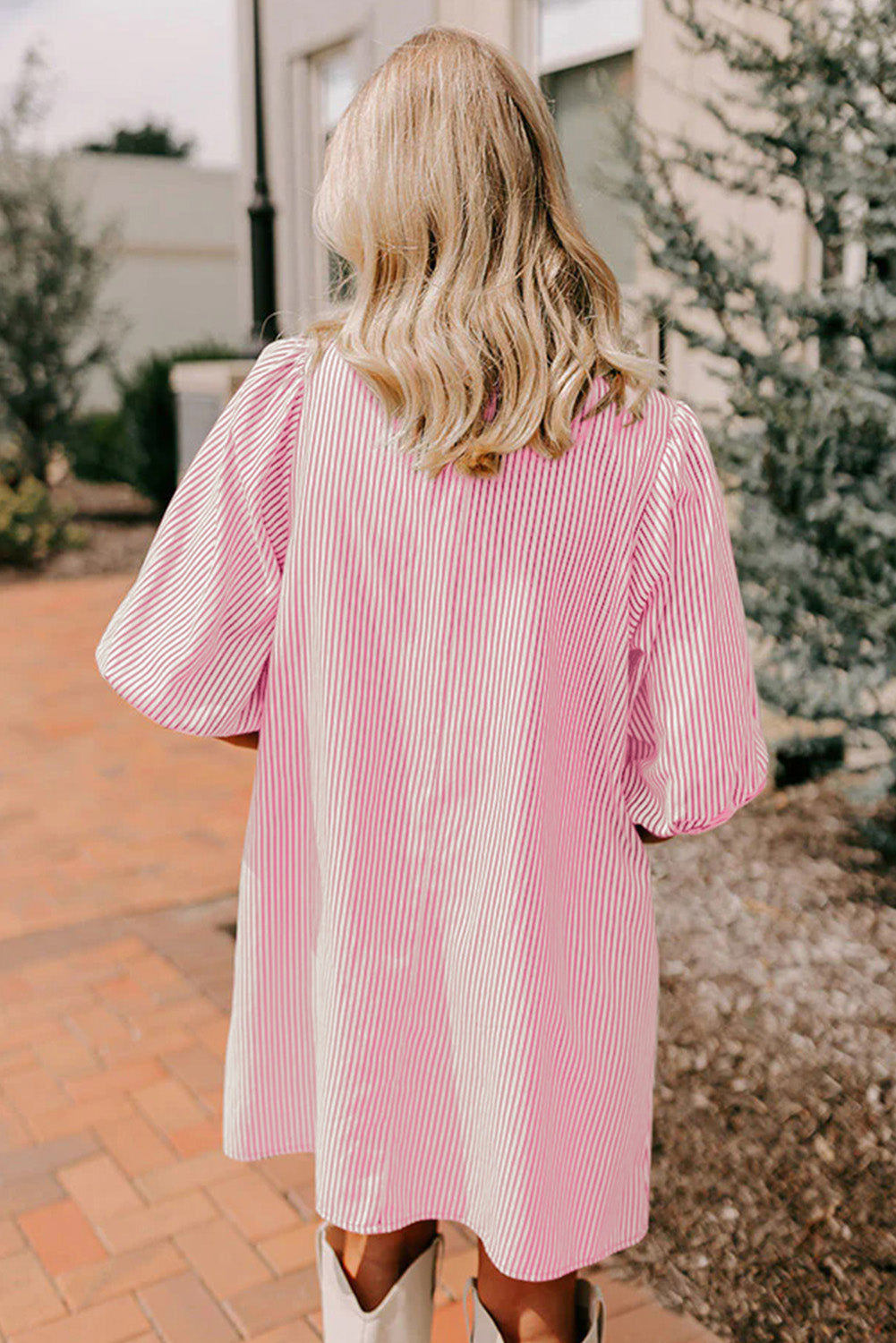 Black Stripe Color Block Patchwork Shirt Collar Button Down Puff Sleeve Mini Dress