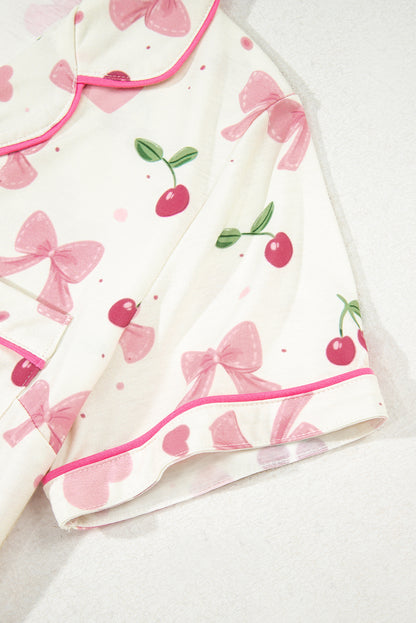 White Floral Print Contrast Pipping Short Pajamas Set